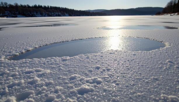 snow drifts lightly across frozen lake, subtle patterns forming, pale sunlight reflecting faintly on ice surface. photo