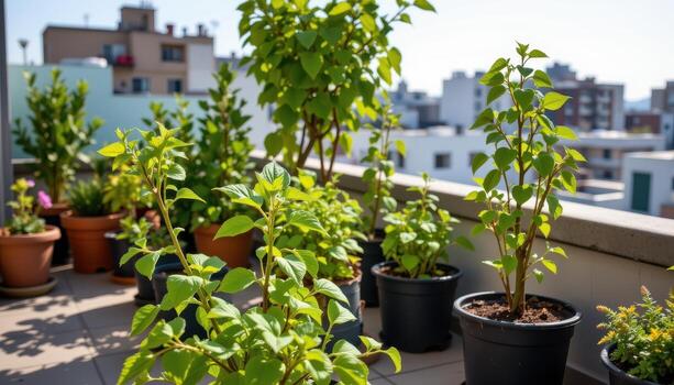 potted herbs and small trees on a rooftop terrace, sunlight illuminating leaves and casting faint shadows. photo