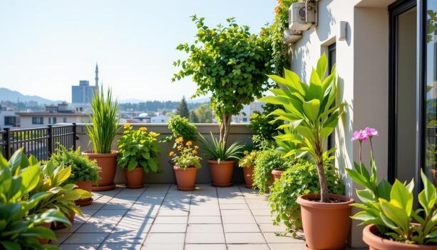 green plants in pots lining a rooftop terrace, sunlight casting soft patterns across smooth stone tiles beneath. photo