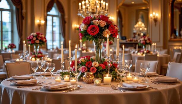 regal reception banquet table with roses, flickering candles, and brilliant crystal glass display. photo