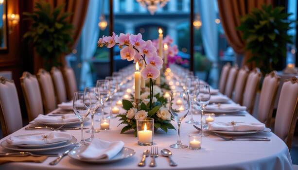 elegant banquet table adorned with orchids, candlelit warmth, and perfectly polished glassware. photo