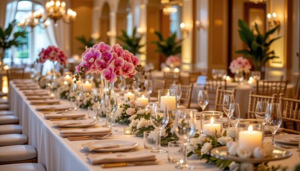 luxurious reception banquet table featuring orchids, candle glow, and refined crystal brilliance. photo