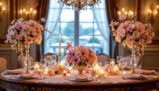 ornate reception table glowing with candlelight, roses, orchids, and finely crafted glass details. photo