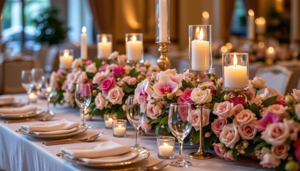 glamorous reception table adorned with roses, orchids, glowing candles, and polished glassware. photo