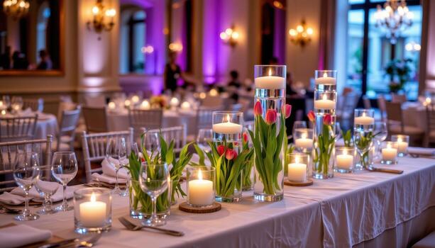 luxury reception table decorated with tulips, floating candles, clear crystal, sparkling elegance. photo
