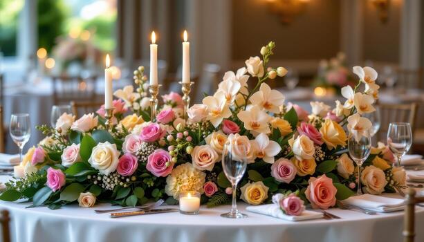 floral reception table with roses, hydrangeas, orchids, glowing candles, crystal goblets, pure elegance. photo