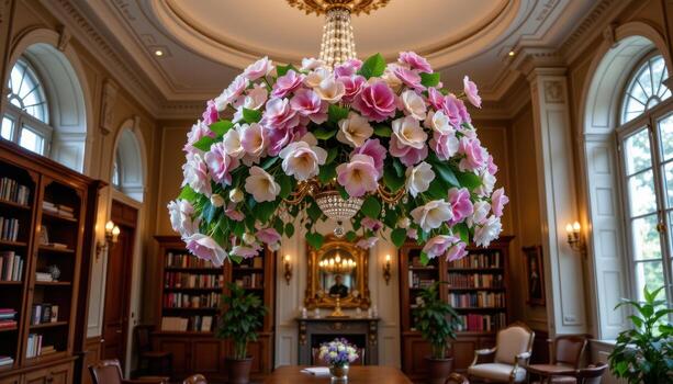 crystal chandelier covered in hydrangeas, warm lighting, empty sophisticated library room photo