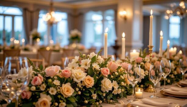 exquisite reception table styling with cascading flowers, glowing candles, and polished glass set. photo