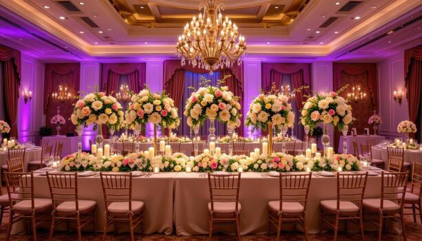 extravagant reception table glowing with tall candles, floral cascades, and sparkling crystalware. photo