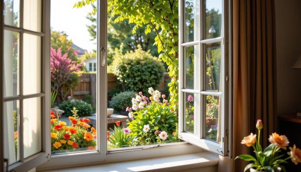 through the open window, a calm garden unfolds, alive with colorful flowers and soft sunlight, yet entirely silent, with no humans or animals present. photo