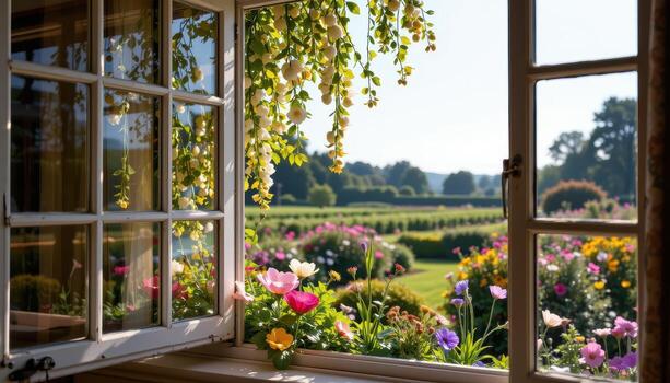 through the open window, sunlight illuminates cascading flowers, while beyond, a tranquil garden stretches endlessly, entirely free of people or animals. photo