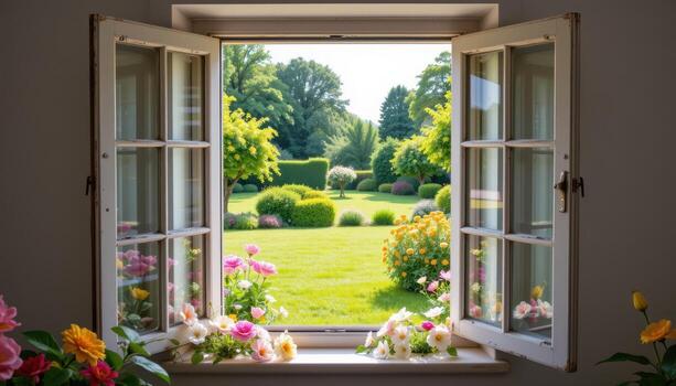 an open window decorated with soft pastel flowers invites the eye to a distant garden, where grass, flowers, and trees thrive in perfect stillness without disturbance. photo