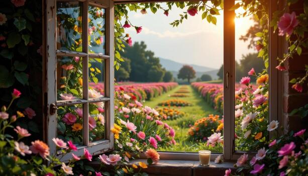 an open window overflowing with flowers leads the eyes to a vast garden, where every blossom and blade of grass glows in peaceful solitude, untouched and perfect. photo