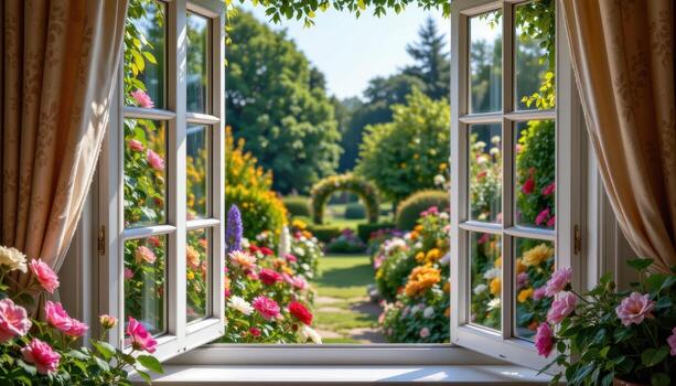 from the open window, flowers frame a scene of a lush garden beyond, where no humans or animals wander, and the air is filled only with the fragrance of blooms. photo