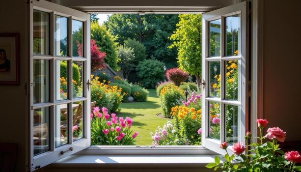 the open window offers a breathtaking panorama of a garden, full of colorful blooms and greenery, silent and still, where nature remains untouched by life. photo