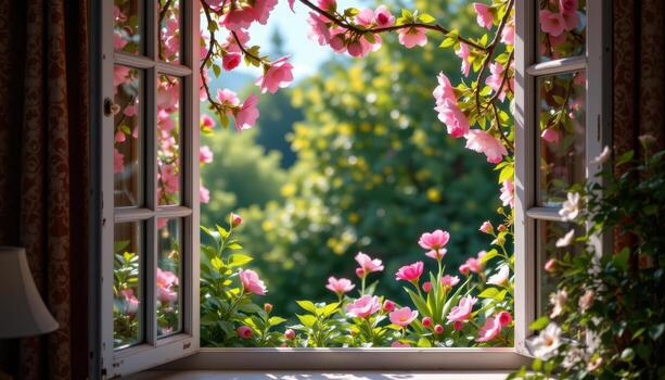 beyond the open window adorned with bright blossoms lies a quiet garden, where every petal and leaf is bathed in sunlight, untouched by any living beings at all. photo