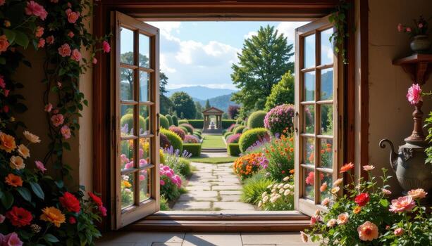 through the flower lined open window, a vast garden unfolds, bathed in sunlight, with quiet pathways and vibrant blooms, devoid of any humans or animals nearby. photo