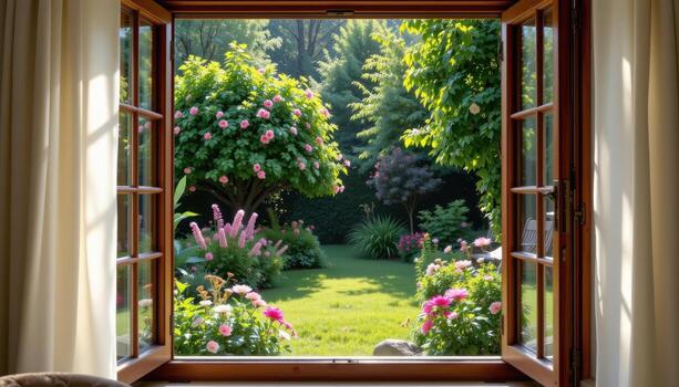 through the open window, one can see a pristine garden, where every flower and leaf thrives in silence, untouched by people or any animals wandering nearby. photo