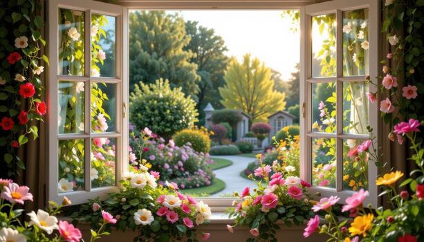 flowers cascade along the edges of an open window, through which a peaceful garden extends endlessly, bathed in sunlight and completely free of living creatures. photo