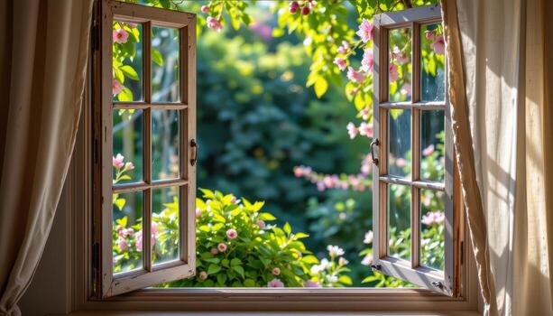 the open window, decorated with blossoms, allows a view of a lush garden, where sunlight sparkles on leaves, and not a single human or animal disturbs the peace. photo