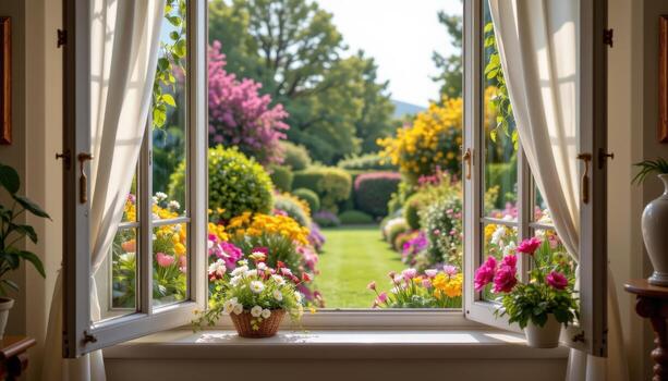 beyond the open window adorned with delicate flowers, the garden stretches endlessly, calm, colorful, and perfectly silent, without any creatures present. photo