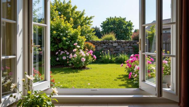 the open window allows a view of a serene garden, where flowers bloom brightly, grass grows softly, and not a single human or animal interrupts the peace. photo