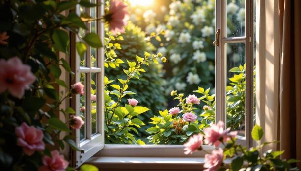 through the open window, petals frame a tranquil garden where sunlight illuminates the plants, every leaf still, and no humans or animals roam. photo