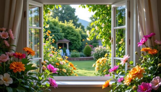 flowers frame an open window, and beyond it lies a quiet, flourishing garden, serene and vibrant, completely devoid of any human or animal presence. photo