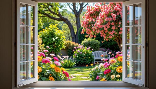 the open window frames a quiet garden, where flowers bloom vibrantly and trees sway gently, the scene entirely free of humans and animals in every corner. photo