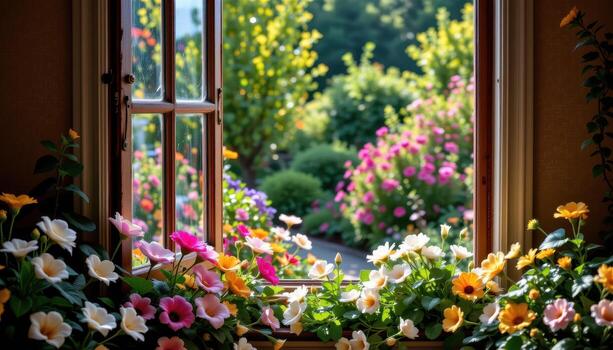 flowers spill along the open window, through which a tranquil garden can be seen, vibrant, lush, and untouched by humans or animals in any way. photo