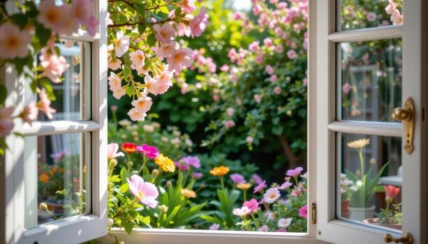 a gentle breeze flows through the open window framed with blooming flowers, revealing a quiet garden filled with lush greenery and vibrant petals swaying softly. photo