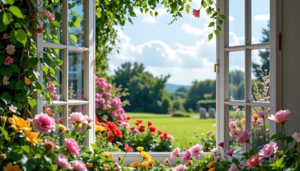 flowers frame the open window while outside, a garden extends infinitely, calm and quiet, free from human footsteps and the presence of any animals. photo