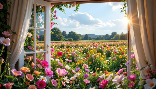 an open window overflowing with flowers leads the eyes to a vast garden where every blossom and blade of grass glows in peaceful solitude, untouched. photo