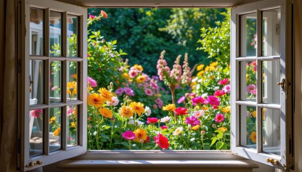 the open window reveals a garden in full bloom, colorful flowers swaying in a gentle breeze, and the absence of humans or animals enhances its tranquility. photo