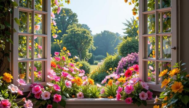 flowers cascade along the edges of an open window through which a peaceful garden extends endlessly, bathed in sunlight and completely free of living creatures. photo