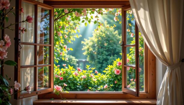the open window, decorated with blossoms, allows a view of a lush garden where sunlight sparkles on leaves, and not a single human or animal disturbs the peace. photo