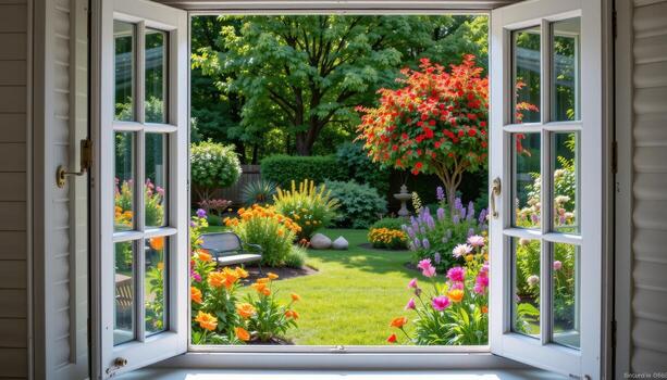 the open window frames a quiet garden where flowers bloom vibrantly and trees sway gently, the scene entirely free of humans and animals in every corner. photo