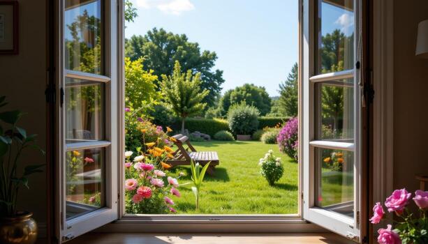 the open window allows a view of a serene garden where flowers bloom brightly, grass grows softly, and not a single human or animal interrupts the peace. photo