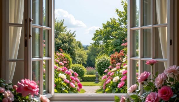 from the open window, flowers frame a serene garden, where no humans or animals wander, and the air is filled only with the fragrance of blooms and fresh greenery. photo