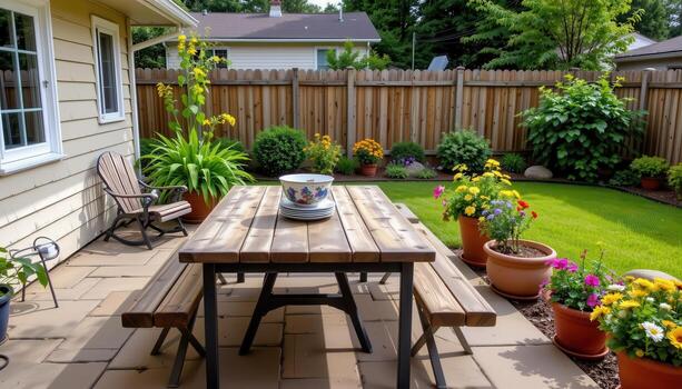 backyard patio featuring a rustic table lined with plates and flower pots beside it, peaceful and unoccupied. photo