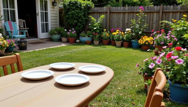 in the backyard, a garden table with plates is accompanied by colorful flower pots, no creatures are present. photo