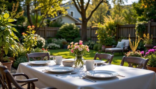serene backyard scene with a table, dinner plates, and flower pots, sunlight filtering through trees. photo