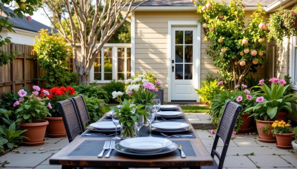 backyard patio showing a table lined with plates accompanied by potted flowers, serene with no human or animal life. photo