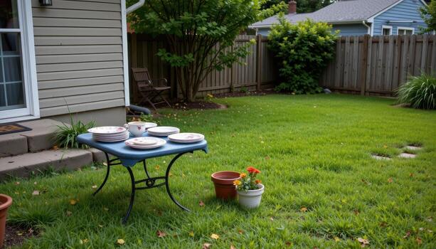 in the backyard, a garden table filled with plates stands next to flower pots, the whole scene quiet and unoccupied. photo