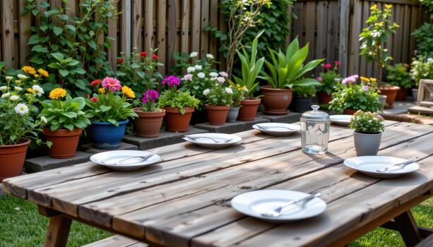 a wooden backyard table lined with plates stands by a collection of flower pots, in silence with no creatures. photo