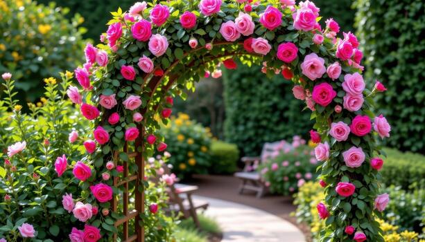 lush greenery surrounds a rose arch, where vibrant blooms twist elegantly along the wooden lattice structure. photo