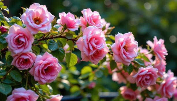 morning dew sparkles on climbing roses, highlighting the intricate lattice of petals along the elegant arch. photo