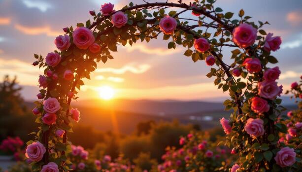 twilight casts a golden glow over a rose arch, highlighting the intricate lattice of flowers and leafy vines. photo