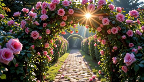 sunlight filters through roses on an elegant arch, illuminating petals and casting enchanting patterns on the path. photo