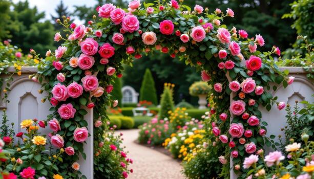 vibrant roses climb a delicately carved arch, forming an inviting gateway into the lush, flower filled garden. photo